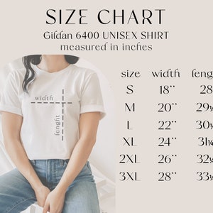 Op de afbeelding: Maattabel voor een Gildan 6400 unisex shirt, met afmetingen in inches voor maten S tot en met 3XL. De tabel geeft de breedte- en lengtemaat voor elke maat.