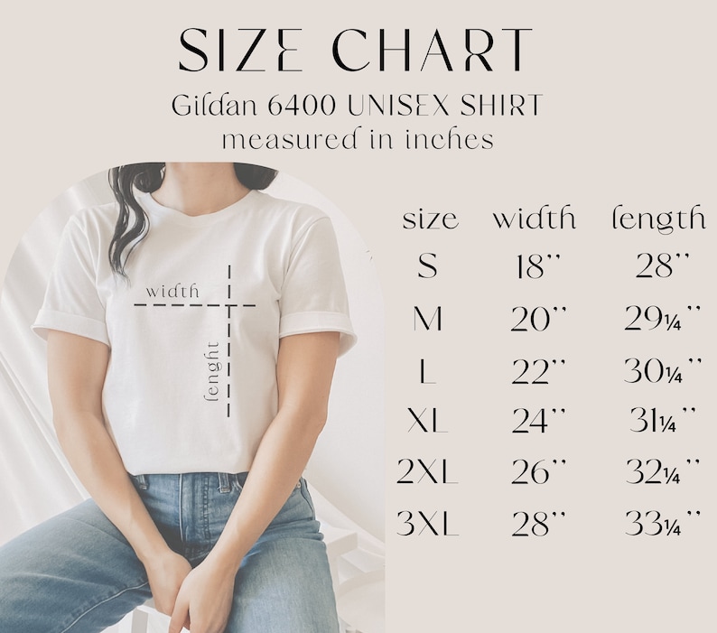 Op de afbeelding: Maattabel voor een Gildan 6400 unisex shirt, met afmetingen in inches voor maten S tot en met 3XL. De tabel geeft de breedte- en lengtemaat voor elke maat.