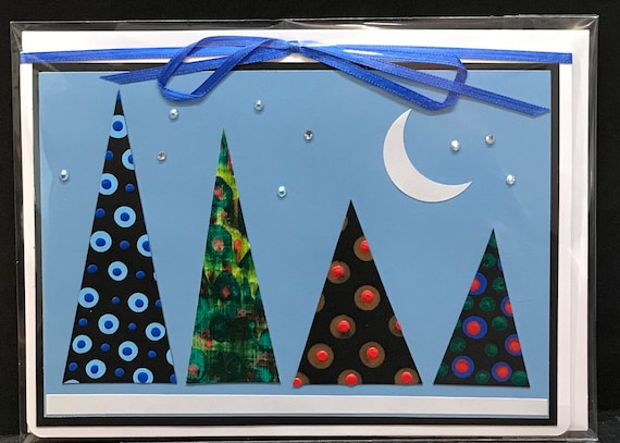 4 Handpainted Winter Holiday card - Blue Trees Set 1 - blank inside -