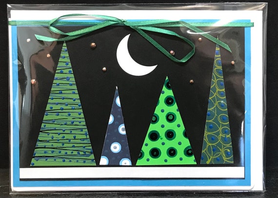 4 Handpainted Winter Holiday cards - Shiny Tree set - blank inside -