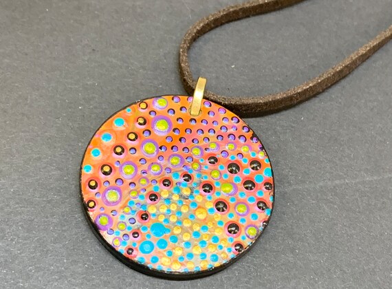 Handpainted poker chip pendant - on leather necklace -