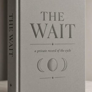 May include: A light gray hardcover book titled THE WAIT, a private record of the cycle. The cover features embossed text and a central graphic of a moon cycle with a full moon flanked by two crescents, all centered between two horizontal lines.