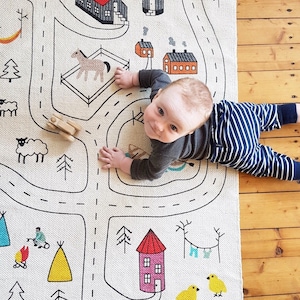 Organic Playroom Rug, Baby Nursery Carpet, Montessori Kids City Print Play Mat, For Boys Room, Model Car City,