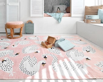 Handwoven Cotton Swan Rug: Pink Nursery Princess Carpet
