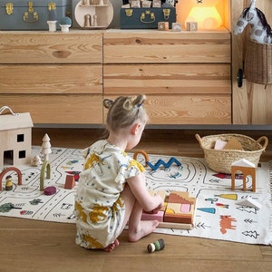 Organic Montessori Playroom Rug, Boys Mat, Non Toxic Baby Nursery Carpet, Kids City Print Play, Model Car City, Toy Car Road Runner