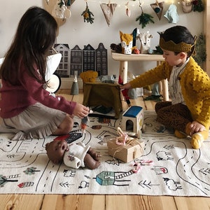 Organic Montessori Playroom Rug, Boys Mat, Non Toxic Baby Nursery Carpet, Kids City Print Play, Model Car City, Toy Car Road Runner