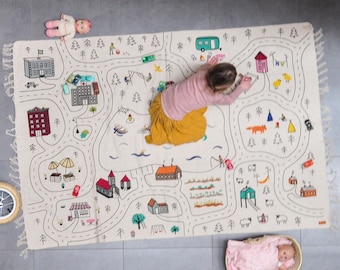 Large Organic Kids Play Rug, Montessori Playroom Road Carpet, Cotton Nursery City Mat, Baby Boy Activity Room, Neutral Floor Car Runner