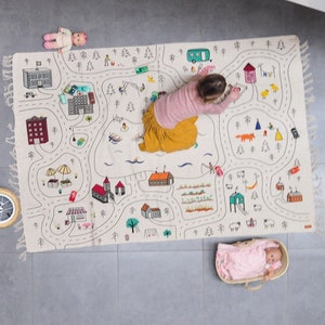 Grand tapis de jeu bio pour enfants, tapis de route pour salle de jeux Montessori, tapis de ville en coton pour chambre de bébé, salle d'activités de bébé garçon, tapis de sol neutre pour voiture image 1