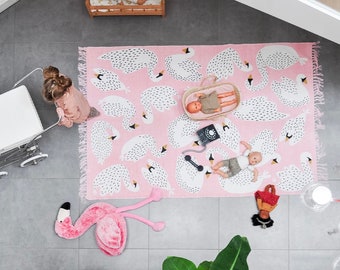 Handwoven Cotton Swan Rug, Pink Girls' Room Playroom Carpet