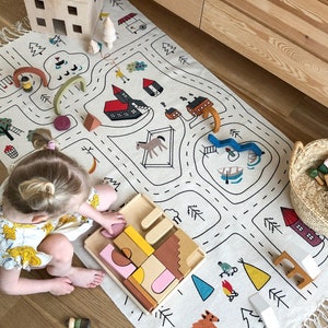 Organic Baby Nursery Carpet, Playroom Rug, Montessori Kids City Print Play Mat, For Boys Room, Model Car City, Toy Car Road Runner