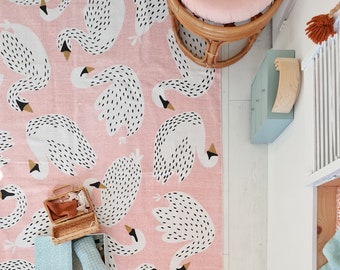 Handwoven Cotton Swan Rug: Pink Nursery Princess Carpet