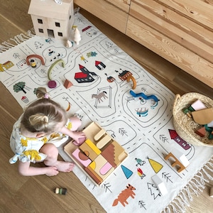 Organic Cotton Kids Play Rug: Montessori Road Map, Playroom Car Carpet