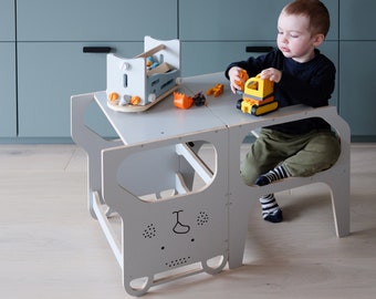 Converteerbare Helpertoren 2 in 1 - Tafel / Stoel voor twee kinderen, Montessori Keuken Opvouwbare Opvouwbare Peuterleertoren, Eerste Verjaardag