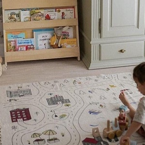 Groot speelkleed biologisch katoen, montessorimat jongens, niet-giftig tapijt babykamer, speelkamer met print stadsprint, modelautostad, speelgoedroadrunner