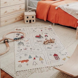 Bio-Baumwolle Spielzimmer Teppich, Montessori Jungen Matte, Ungiftiger Baby Teppich, Kinder Stadt Muster Spielen, Modellauto Stadt, Spielzeug Road Runner