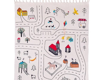 Car Playroom Rug, Organic Baby Nursery Carpet, Montessori Kids City Print Play Mat, For Boys Room, Model City, Matchbox Road Hot Wheels Rug