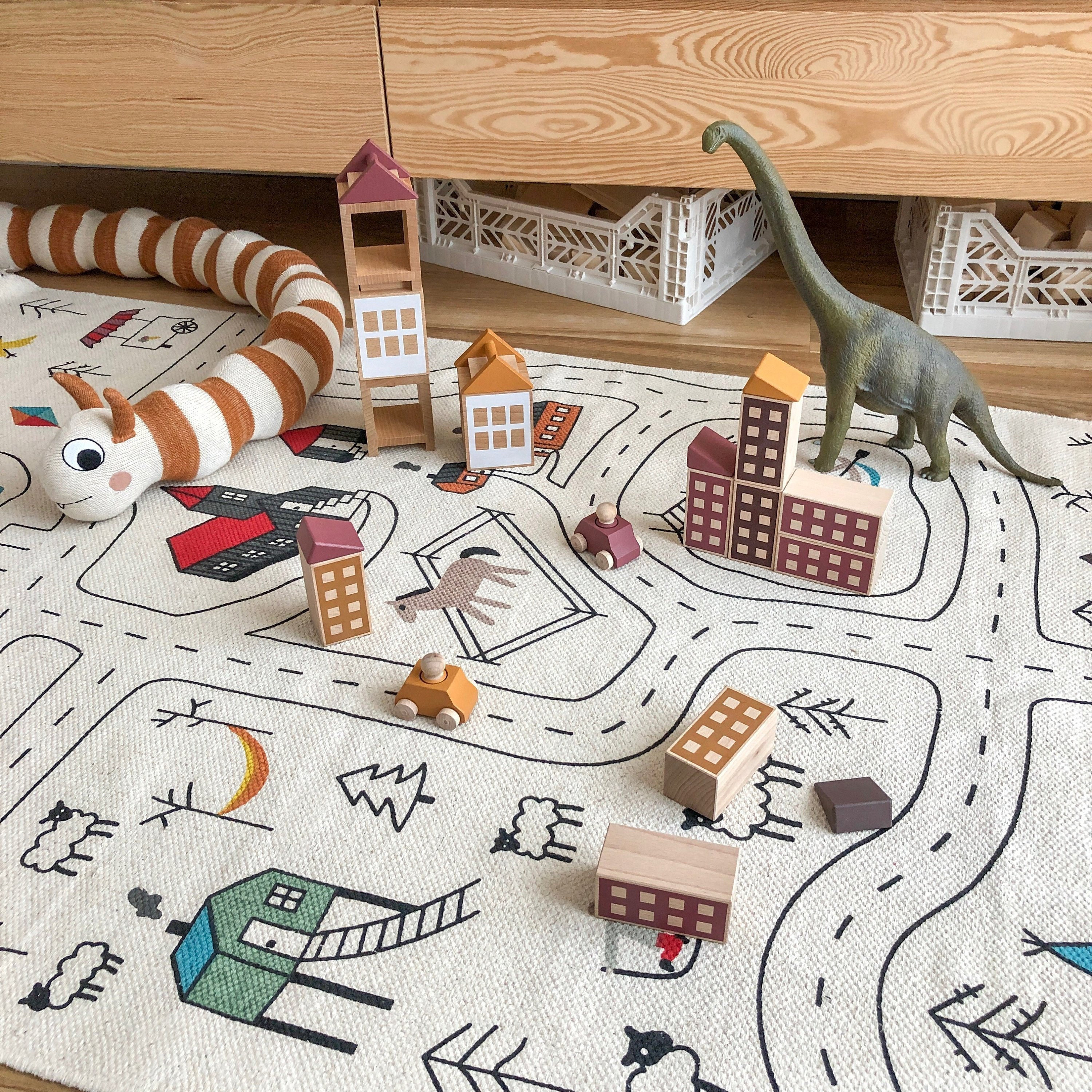 Montessori Play Rug: Organic Cotton City Map Carpet, Non-Toxic Baby Nursery Mat for Kids, Road Runner Toy Track, Handwoven Playroom Decor