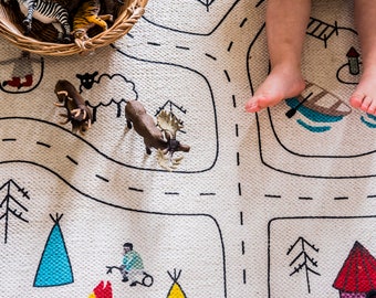 Organic Cotton Playroom Rug: City Road Print, Non-Toxic Nursery Carpet
