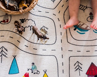 Large Montessori Playroom Rug, Boys Mat, Organic Baby Nursery Carpet, Kids City Print Play Mat, Model Car City, Matchbox Road Hot Wheels Rug