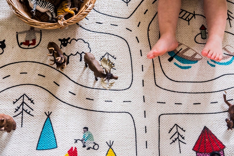 Large Montessori Play Mat, Playroom Rug, Organic Boy Nursery Carpet, Kids City Print Play Mat, Model Car City, Matchbox Road Hot Wheels Rug image 5