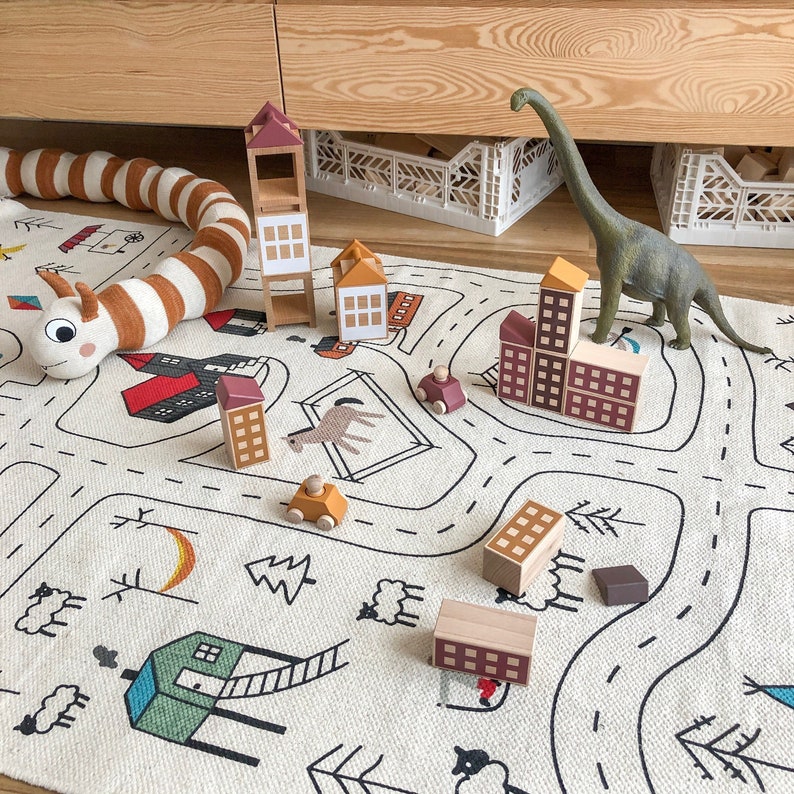 Large Organic Kids Play Rug, Montessori Playroom Road Carpet, Cotton Nursery City Mat, Baby Boy Activity Room, Neutral Floor Car Runner image 5