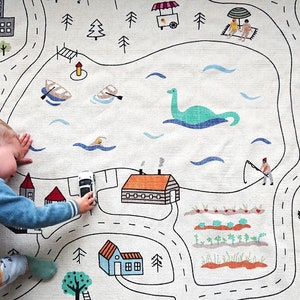 Large Montessori Play Mat, Playroom Rug, Organic Boy Nursery Carpet, Kids City Print Play Mat, Model Car City, Matchbox Road Hot Wheels Rug image 6