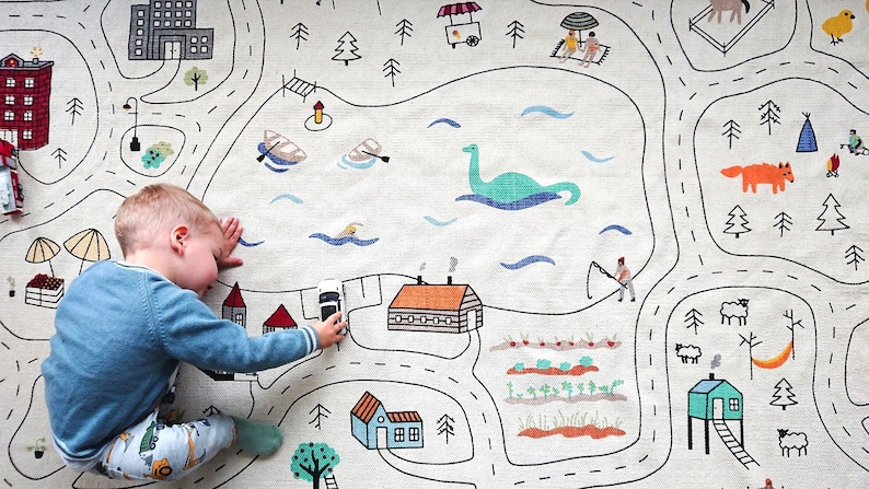 Large Montessori Play Mat, Playroom Rug, Organic Boy Nursery Carpet, Kids City Print Play Mat, Model Car City, Matchbox Road Hot Wheels Rug image 6