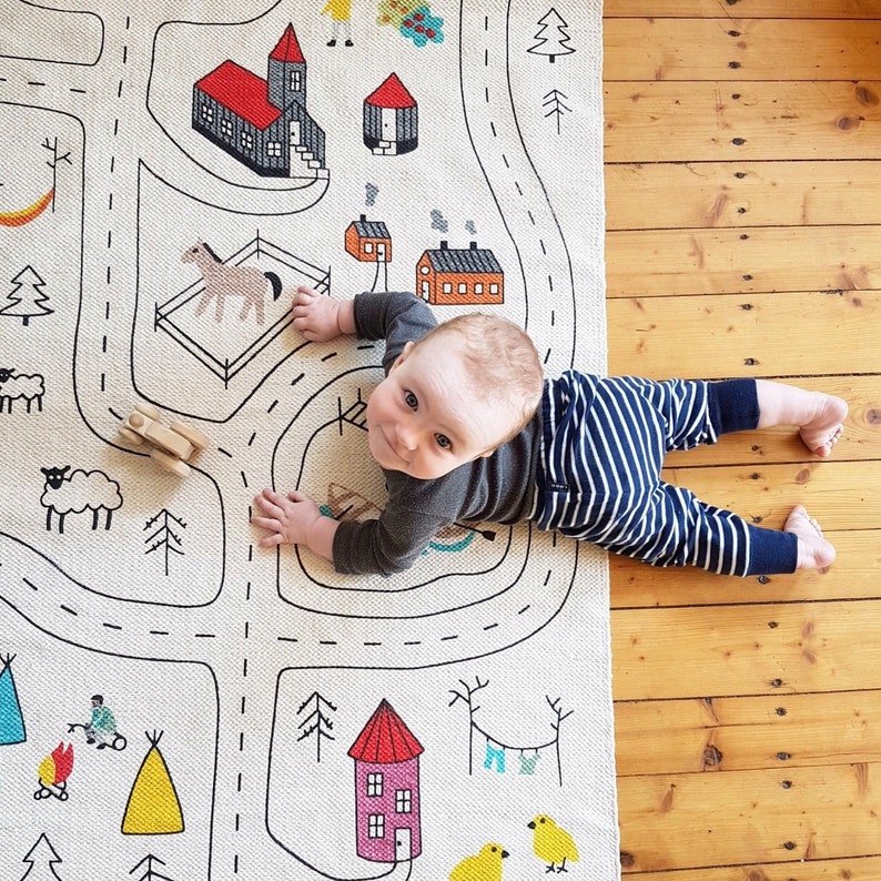 Large Organic Kids Play Rug, Montessori Playroom Road Carpet, Cotton Nursery City Mat, Baby Boy Activity Room, Neutral Floor Car Runner image 6