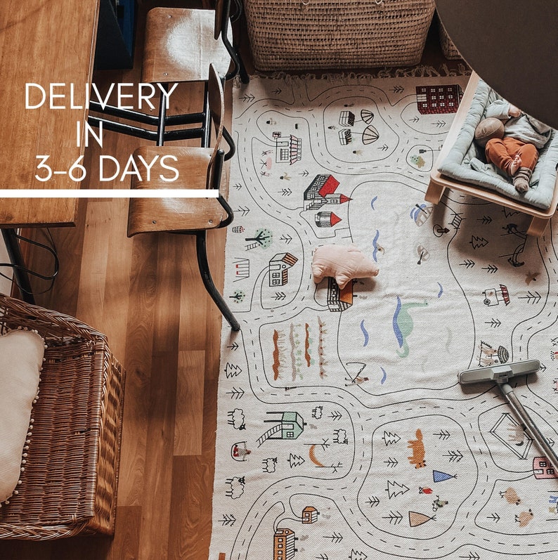 Large Playroom Rug, Organic Baby Nursery Carpet, Montessori Kids City
