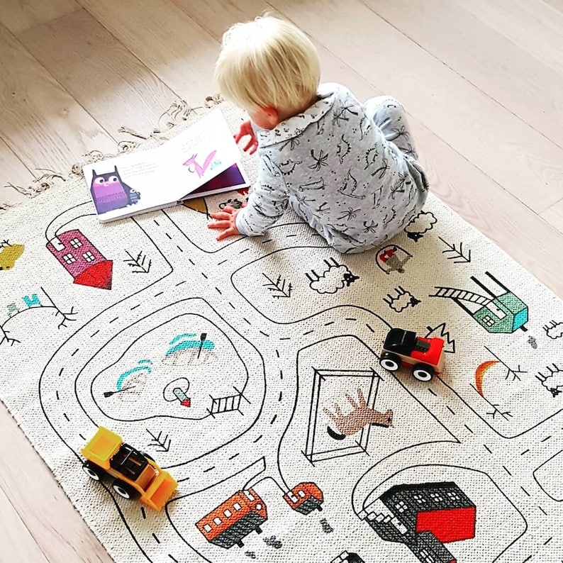 Large Organic Kids Play Rug, Montessori Playroom Road Carpet, Cotton Nursery City Mat, Baby Boy Activity Room, Neutral Floor Car Runner image 10