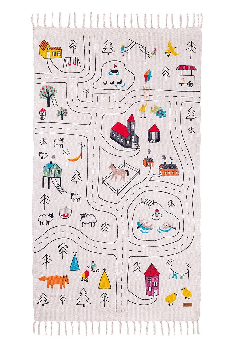 Large Organic Kids Play Rug, Montessori Playroom Road Carpet, Cotton Nursery City Mat, Baby Boy Activity Room, Neutral Floor Car Runner image 2