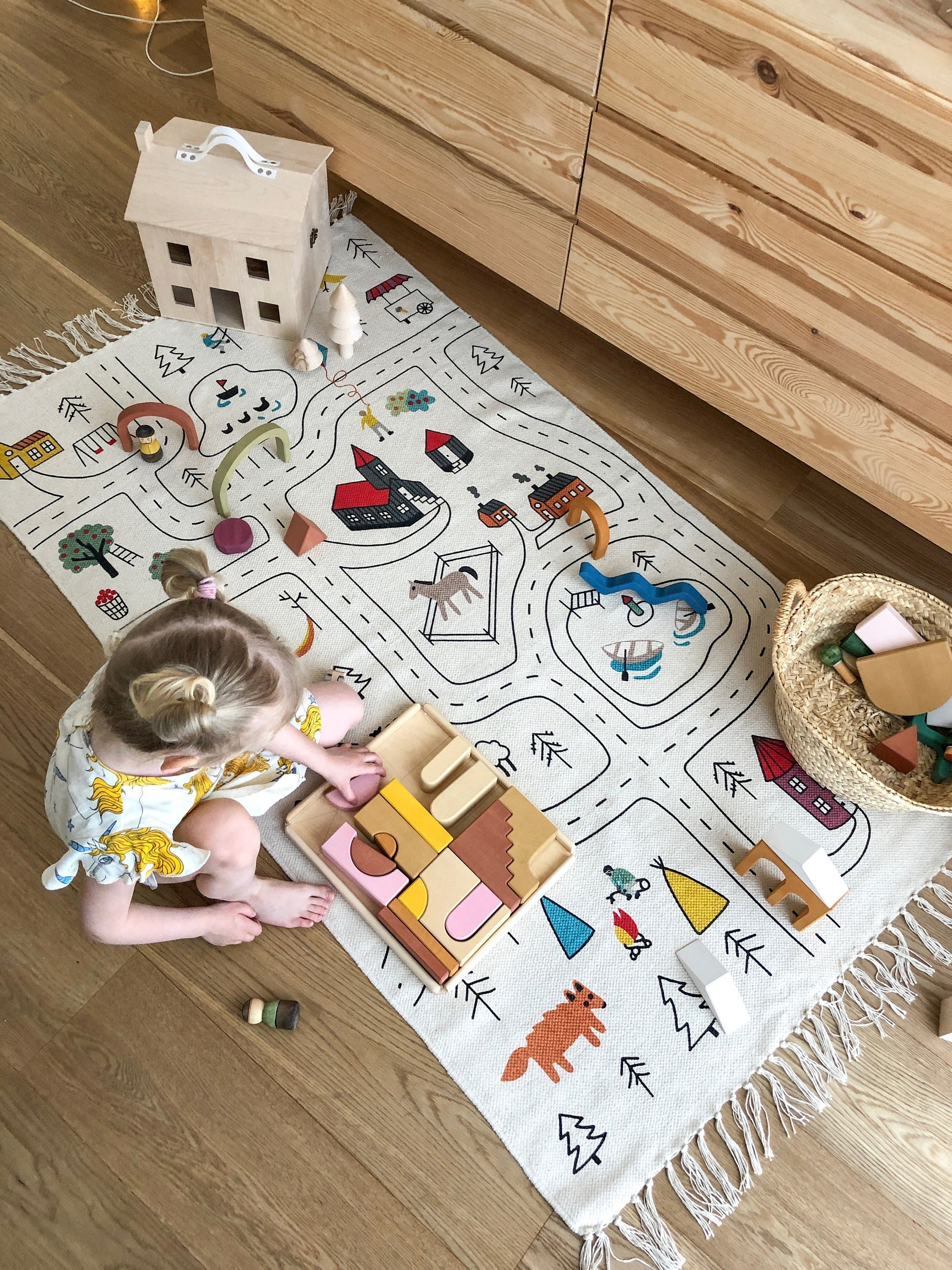 Organic Cotton Baby Play Mat: Handwoven City Road Rug, Montessori Nursery Carpet, Non-Toxic Kids Floor Mat for Toy Car Playroom Decor