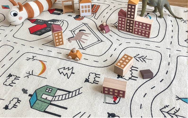 Large Organic Play Mat Rug, Nursery Rug, Montessori rug, Play Rug, Kids Rug, Childrens Rug, Road Rug, Car Rug, Play Carpet, City Rug image 1