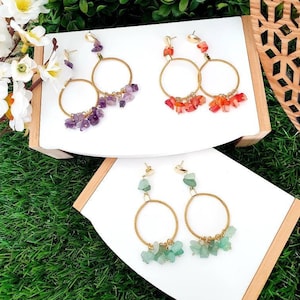 Very pretty earrings in vegetable gold (capim dourado from Brazil), and natural stone, amethyst, carnelian, aquamarine, jasper