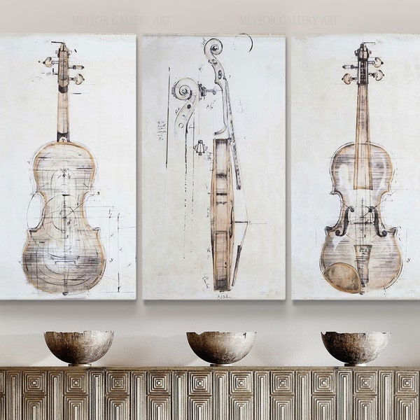 Violine Studie Wandkunst, Geige Kohle Effect Zeichnung Leinwand Druck, 3er Set Antik Touch in der Kunst, Musik Accessoire Instrument Wand-Dekor-Kunst