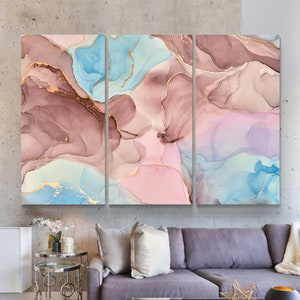 Pink Blue Yellow Abstract Wall Art Canvas Print, Gold Brown Living Room ...