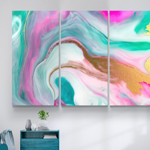 Pink and Yellow Abstract Wall Art Pink Canvas Print Grey Etsy