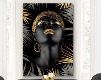 Wall Hang Black Print Beautiful - Lady to Kong Canvas Home Yellow Leaves Gold Decor Art Painting Face Woman Decor Girl Ready Etsy Woman Ethnic Art Palm Hong