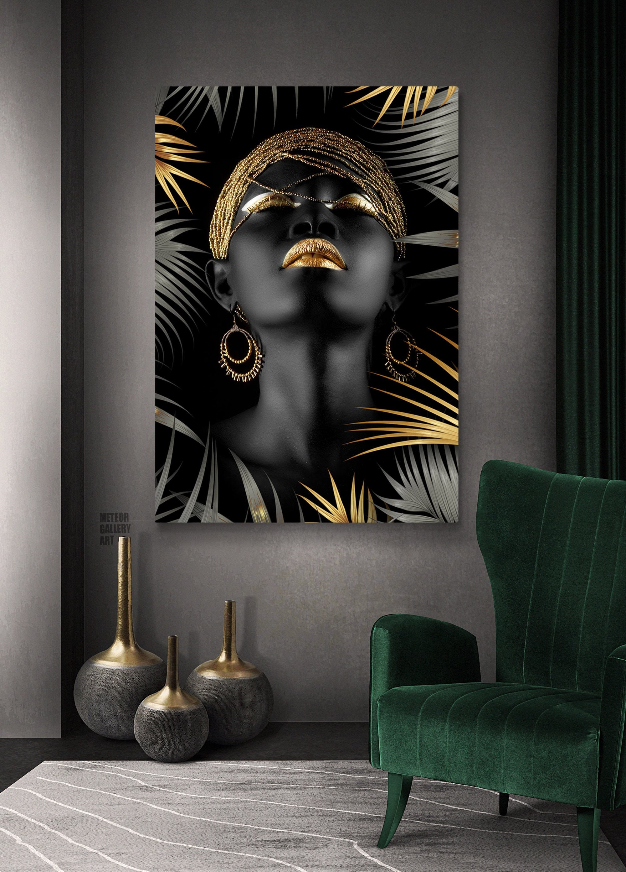 Beautiful Woman Home Canvas Lady Hang Hong Kong Face Yellow Leaves Art Wall Ethnic Painting Etsy Decor Art Woman Decor Girl Gold - Print Palm Black to Ready