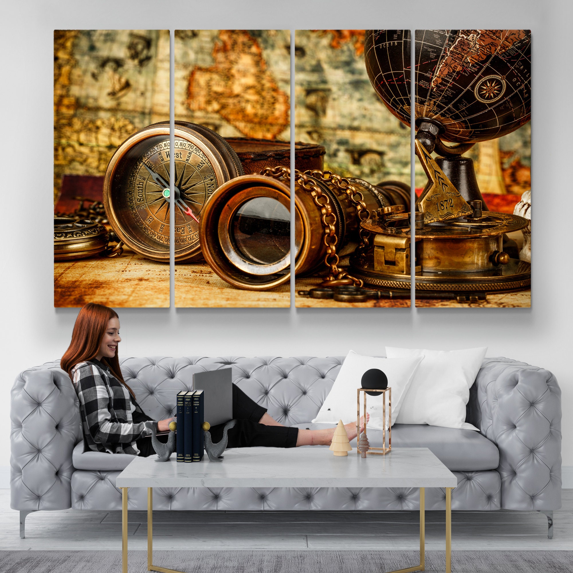 Map wall art Travel Print Old Map and Compass Canvas Wall | Etsy