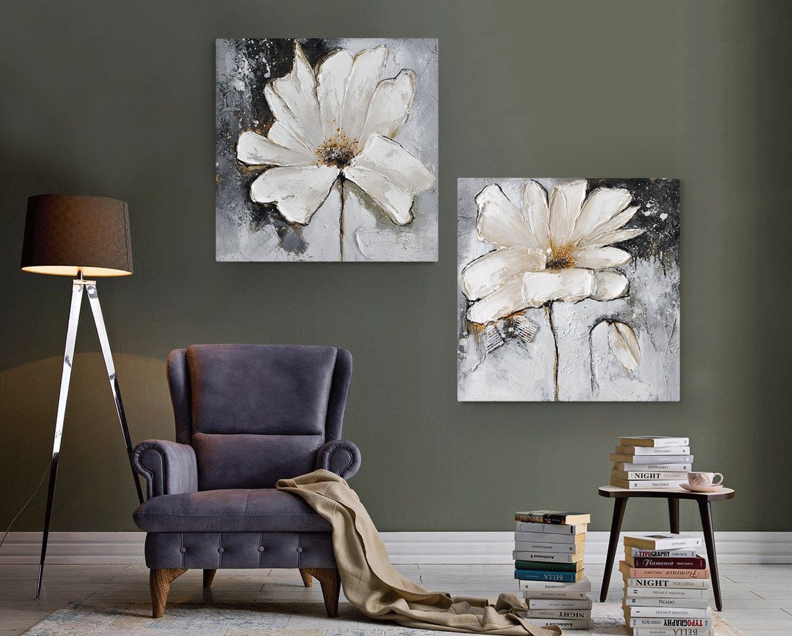 Flower White and Grey Wall Art Oil Painting Effect Digital - Etsy