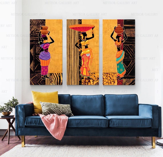 African Wall Art Set of 3 Black Women Decor Colorful Girl Canvas