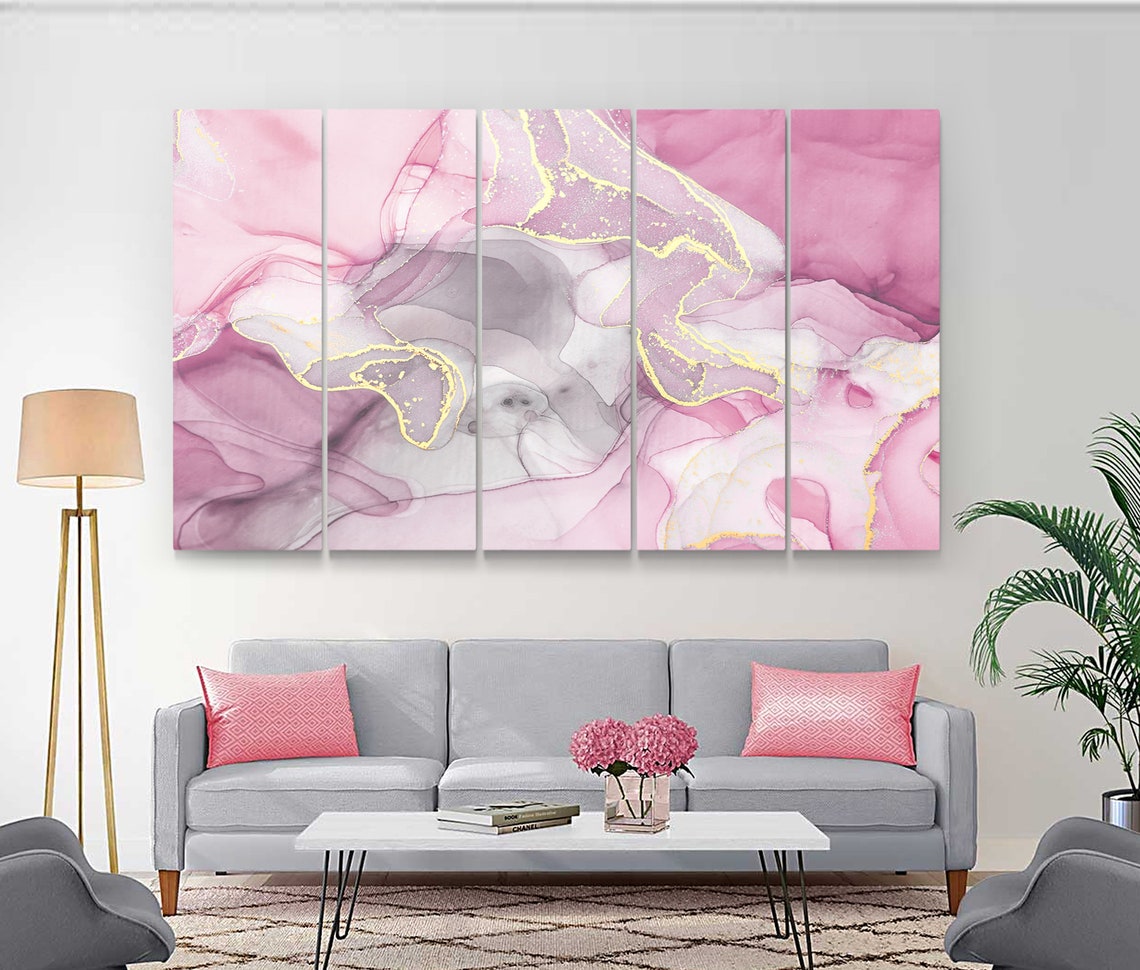 Pink and Yellow Abstract Wall Art Pink Canvas Print Grey Etsy