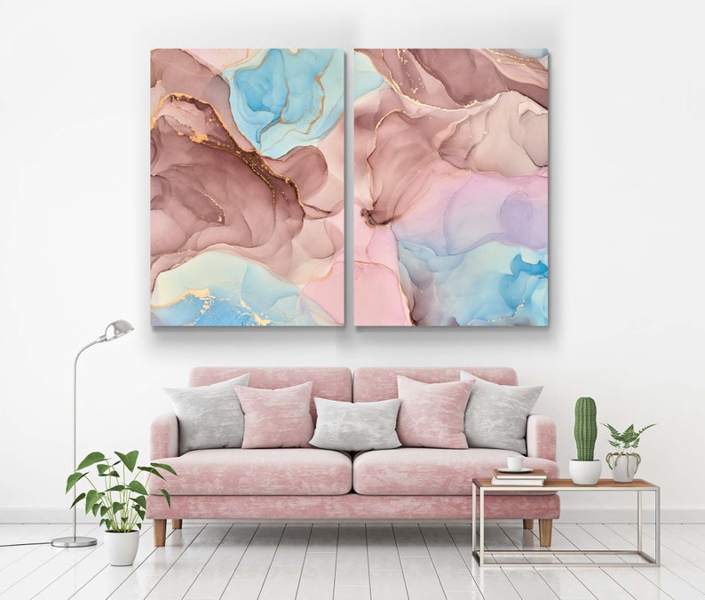 Pink Blue Yellow Abstract Wall Art Canvas Print Gold Brown Etsy