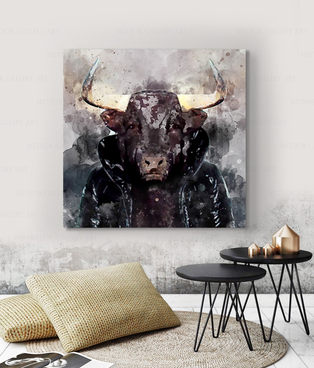 Bull Wall Art Ox Abstract Watercolor Effect Animal Canvas