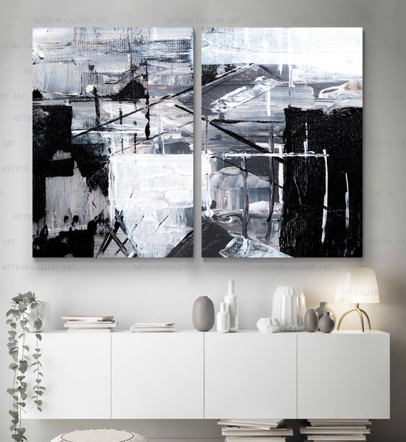 White and Black Abstract Wall Art Black Canvas Print Black Etsy