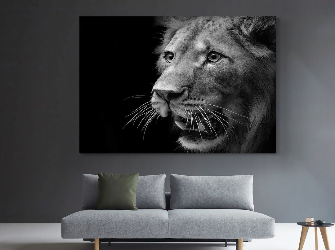 Lion Wall Art Black and White Lion Canvas Painting Animal Etsy