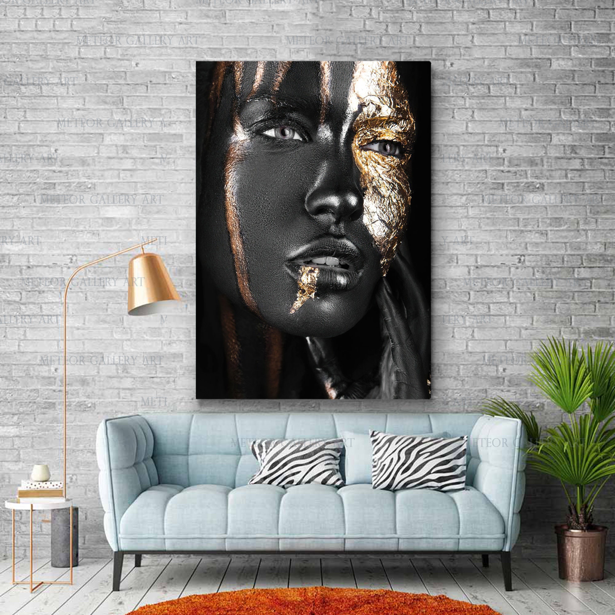 African-American Woman with Golden Paint on Body - Photograph on Canvas East Urban Home Format: Wrapped Canvas, Size: 24 H x 32 W x 1 D