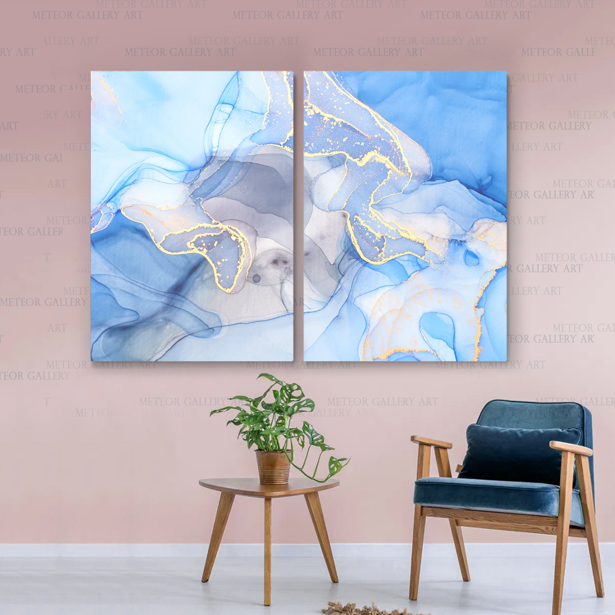 Blue Grey and Yellow art Abstract wall art Living Room decor Etsy