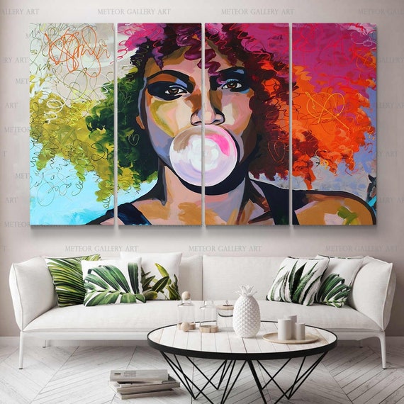 Framed Abstract Pop Black Art African American Wall Art Afro Woman Painting  on Canvas Print Wall Picture for Living Room Bedroom Wall Decor